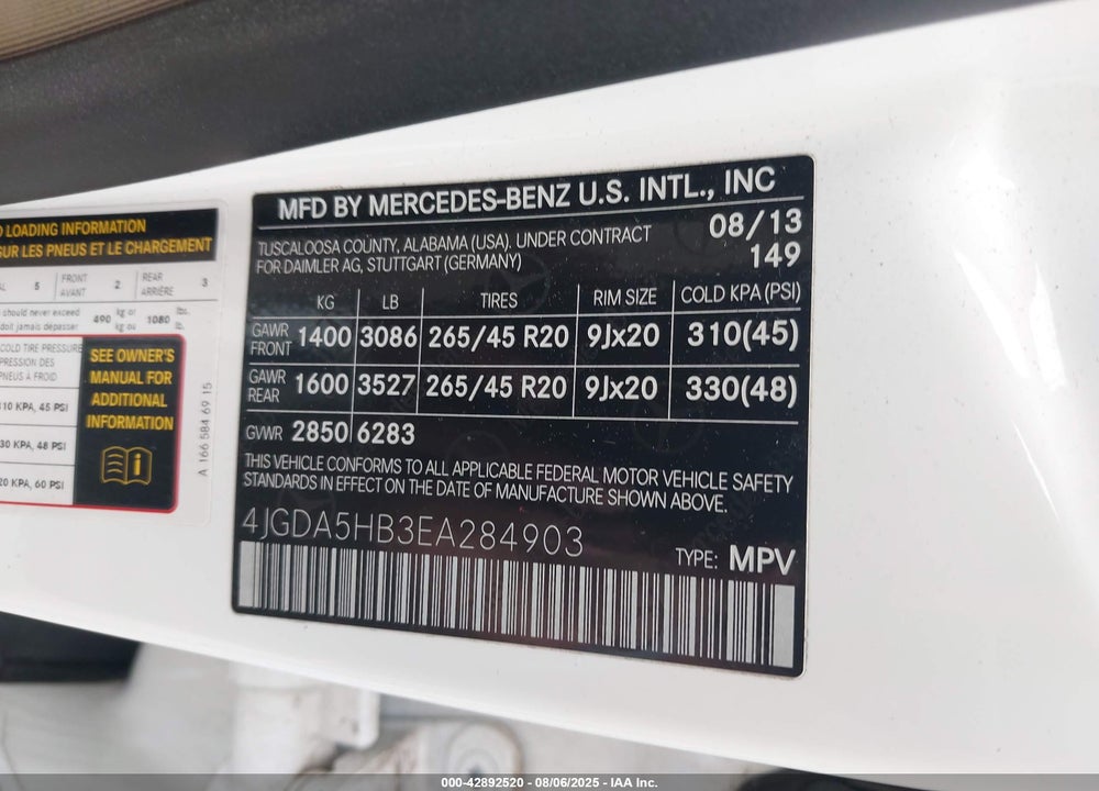 2014 MERCEDES-BENZ ML 350 4MATIC VIN: 4JGDA5HB3EA284903
