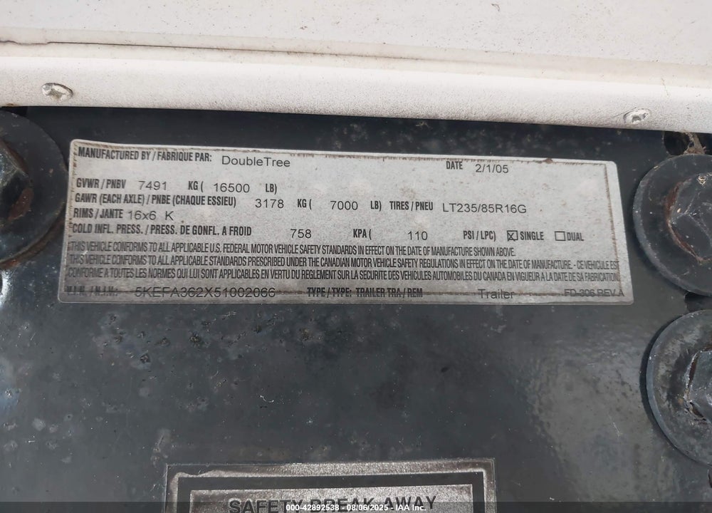 2005 DRV 36TKJ3 VIN: 5KEFA362X51002066
