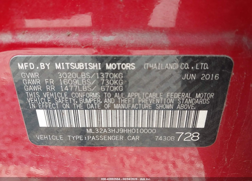 2017 MITSUBISHI MIRAGE VIN: ML32A3HJ9HH010000