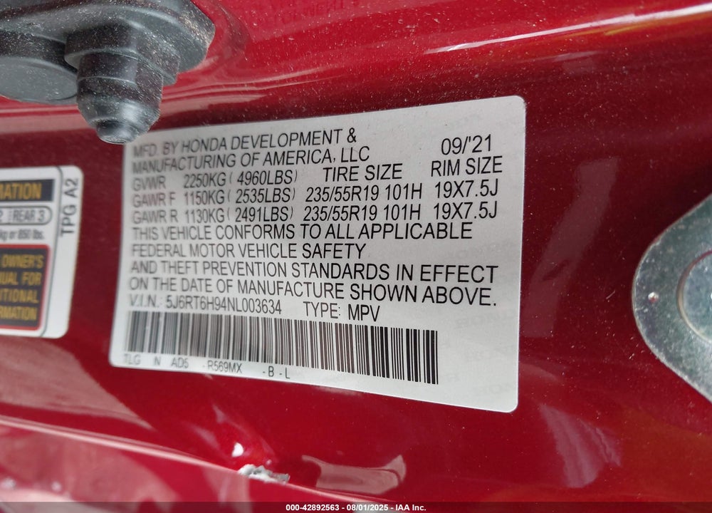 2022 HONDA CR-V VIN: 5J6RT6H94NL003634