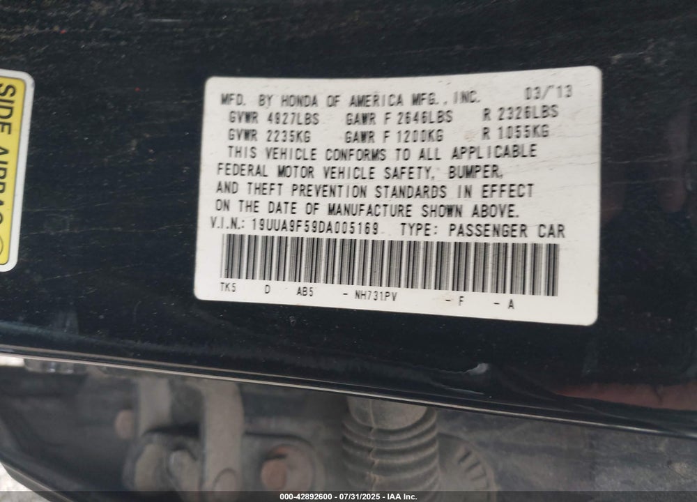 2013 ACURA TL VIN: 19UUA9F59DA005169