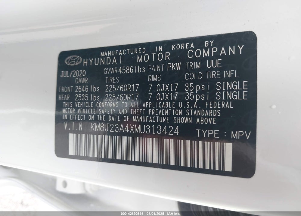 2021 HYUNDAI TUCSON SE VIN: KM8J23A4XMU313424