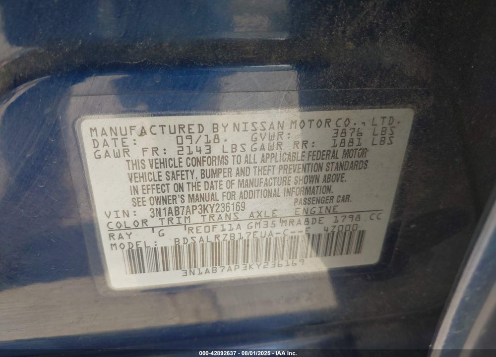 2019 NISSAN SENTRA VIN: 3N1AB7AP3KY236169