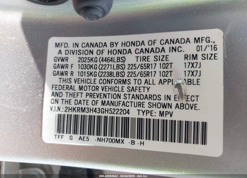 2016 HONDA CR-V VIN: 2HKRM3H43GH522204