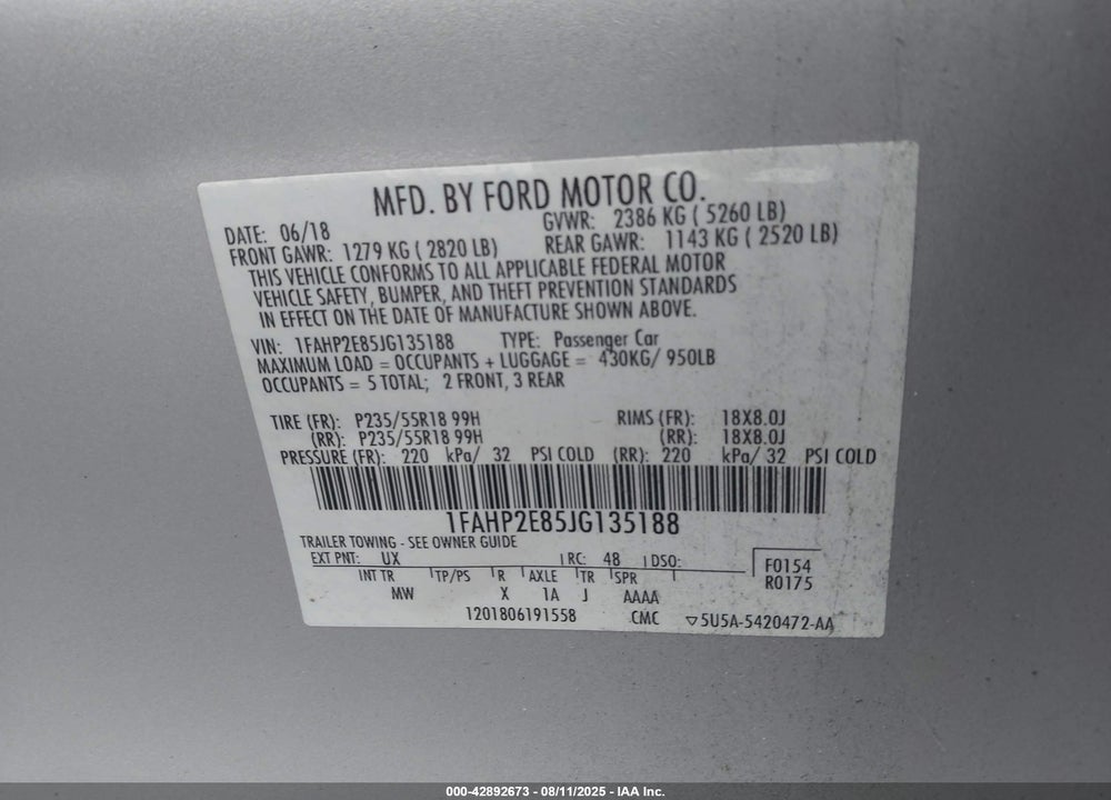 2018 FORD TAURUS VIN: 1FAHP2E85JG135188