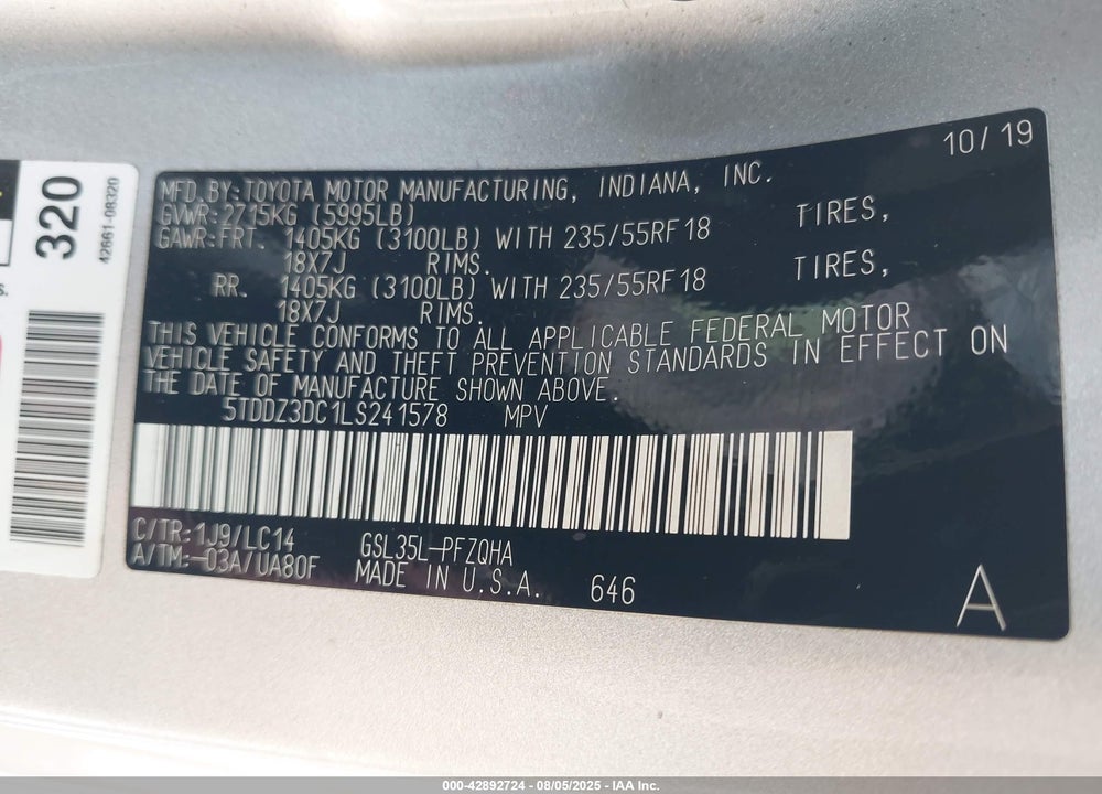 2020 TOYOTA SIENNA XLE/XLE PREMIUM/LIMITED/LIMITED PREMIUM VIN: 5TDDZ3DC1LS241578