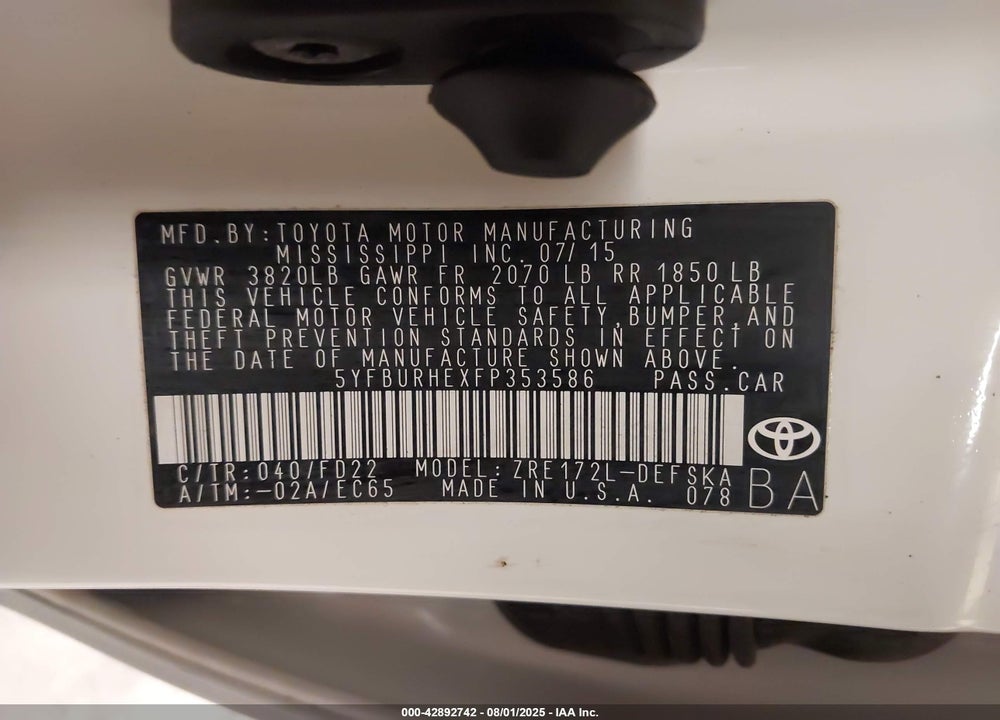 2015 TOYOTA COROLLA VIN: 5YFBURHEXFP353586