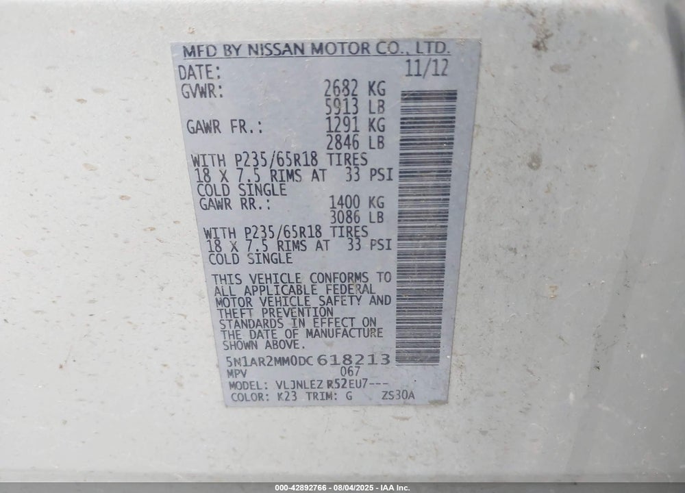 2013 NISSAN PATHFINDER SV VIN: 5N1AR2MM0DC618213