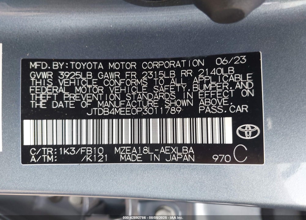 2023 TOYOTA COROLLA VIN: JTDB4MEE0P3011789