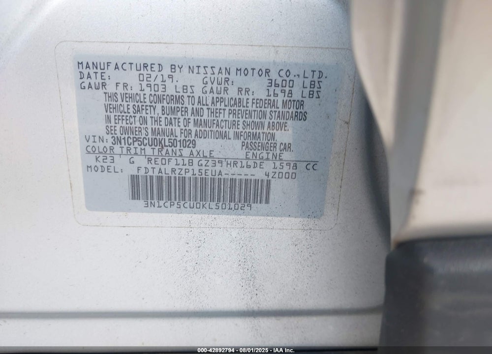2019 NISSAN KICKS VIN: 3N1CP5CU0KL501029