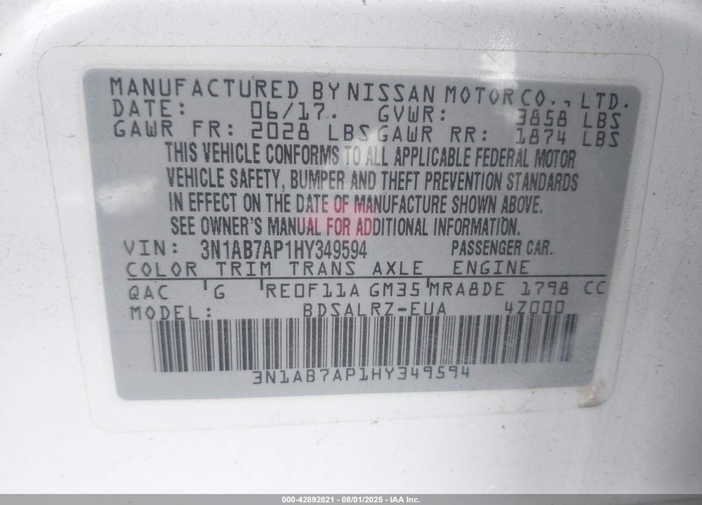 2017 NISSAN SENTRA VIN: 3N1AB7AP1HY349594
