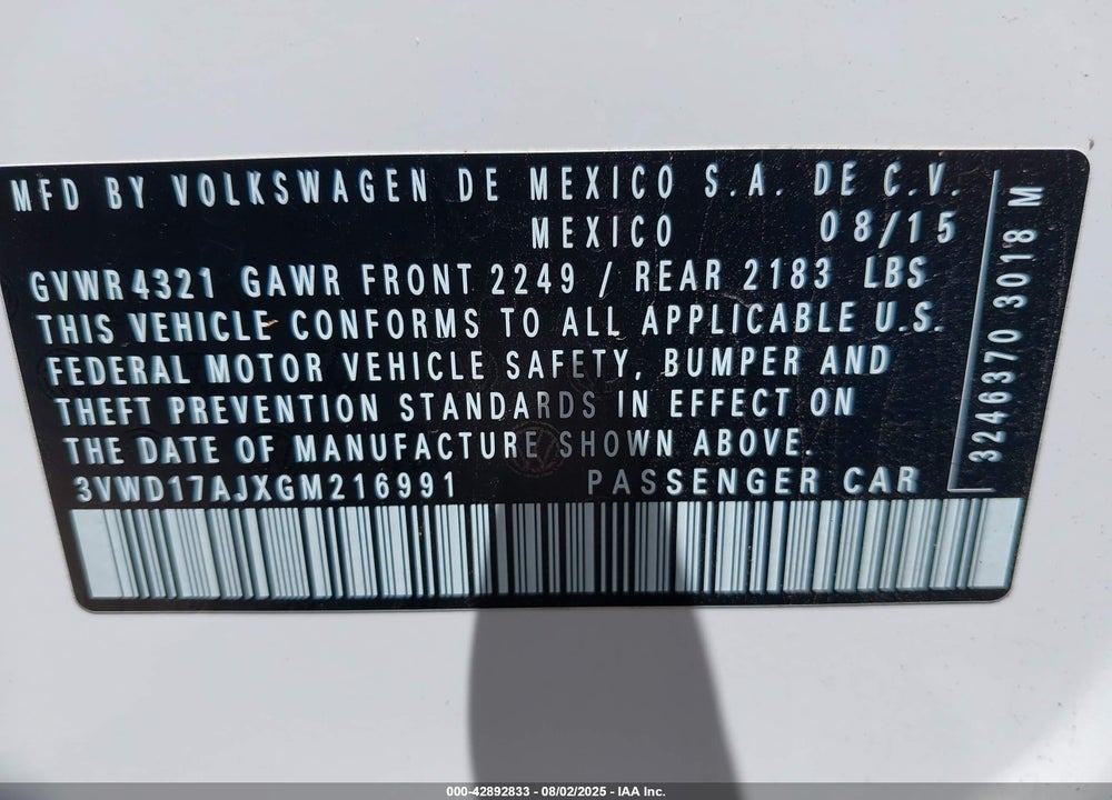 2016 VOLKSWAGEN JETTA VIN: 3VWD17AJXGM216991