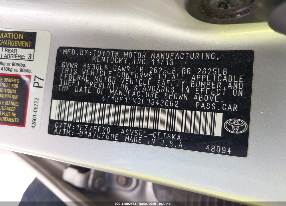 2014 TOYOTA CAMRY SE VIN: 4T1BF1FK3EU343662