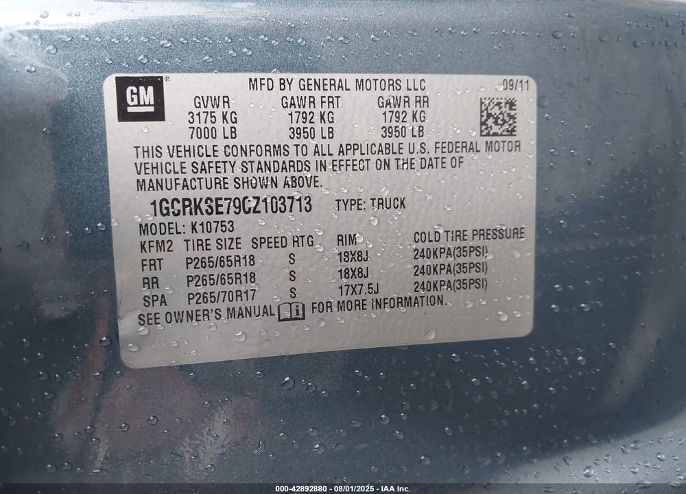 2012 CHEVROLET SILVERADO 1500 VIN: 1GCRKSE79CZ103713