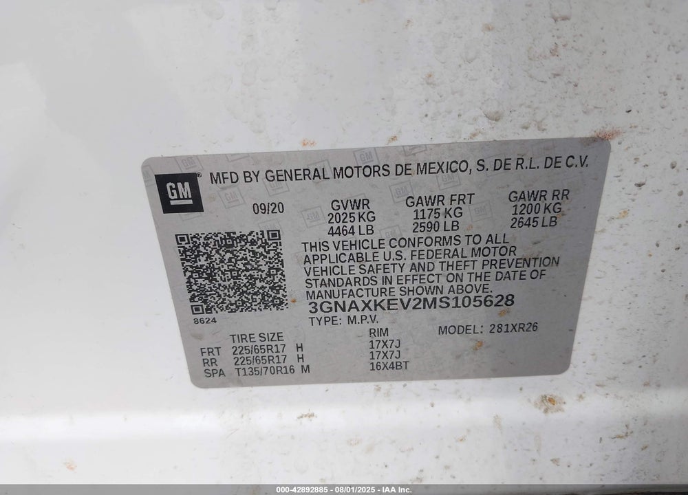 2021 CHEVROLET EQUINOX VIN: 3GNAXKEV2MS105628