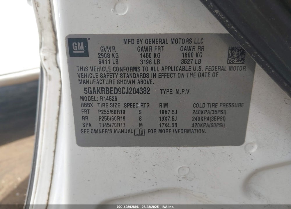 2012 BUICK ENCLAVE VIN: 5GAKRBED9CJ204382