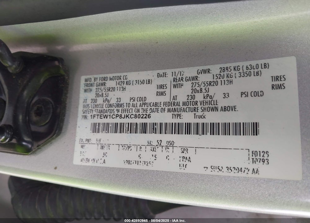 2018 FORD F-150 VIN: 1FTEW1CP8JKC80226