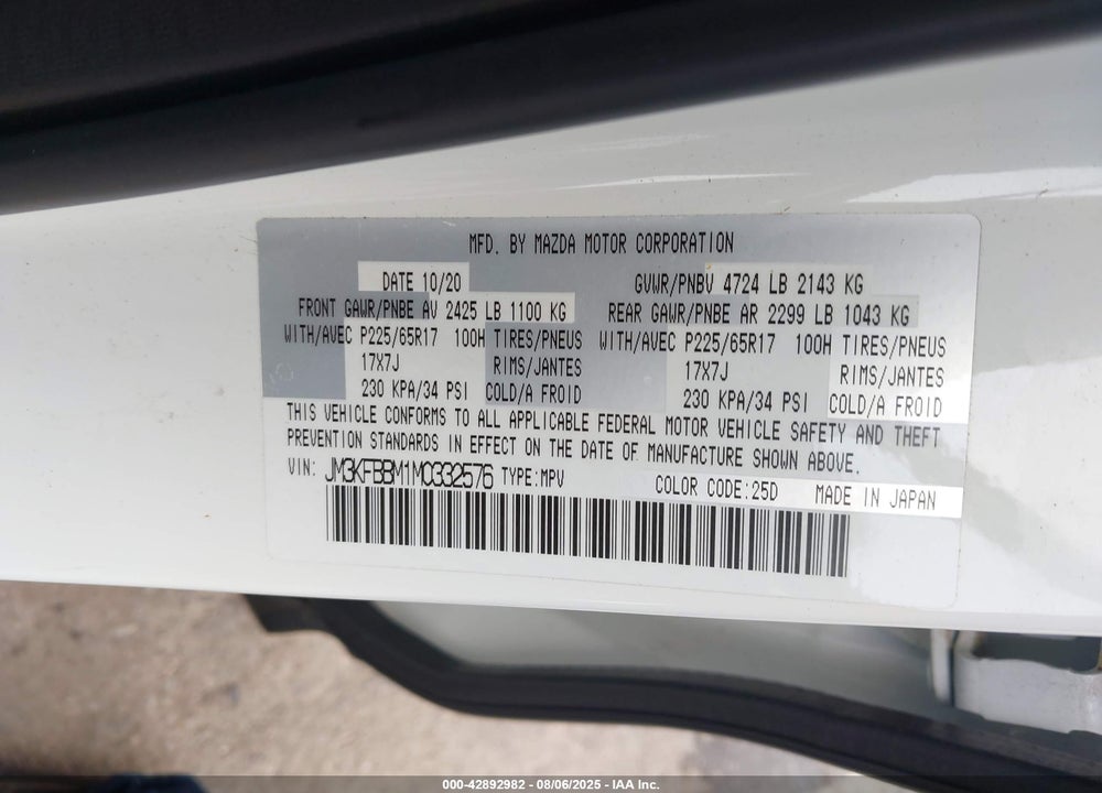 2021 MAZDA CX-5 SPORT VIN: JM3KFBBM1M0332576