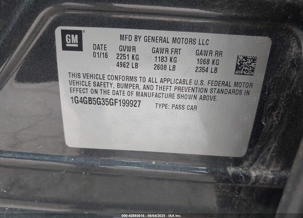 2016 BUICK LACROSSE VIN: 1G4GB5G35GF199927