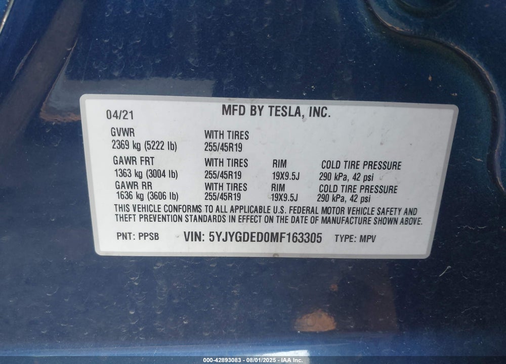 2021 TESLA MODEL Y VIN: 5YJYGDED0MF163305
