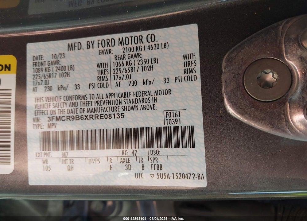 2024 FORD BRONCO SPORT VIN: 3FMCR9B6XRRE08135