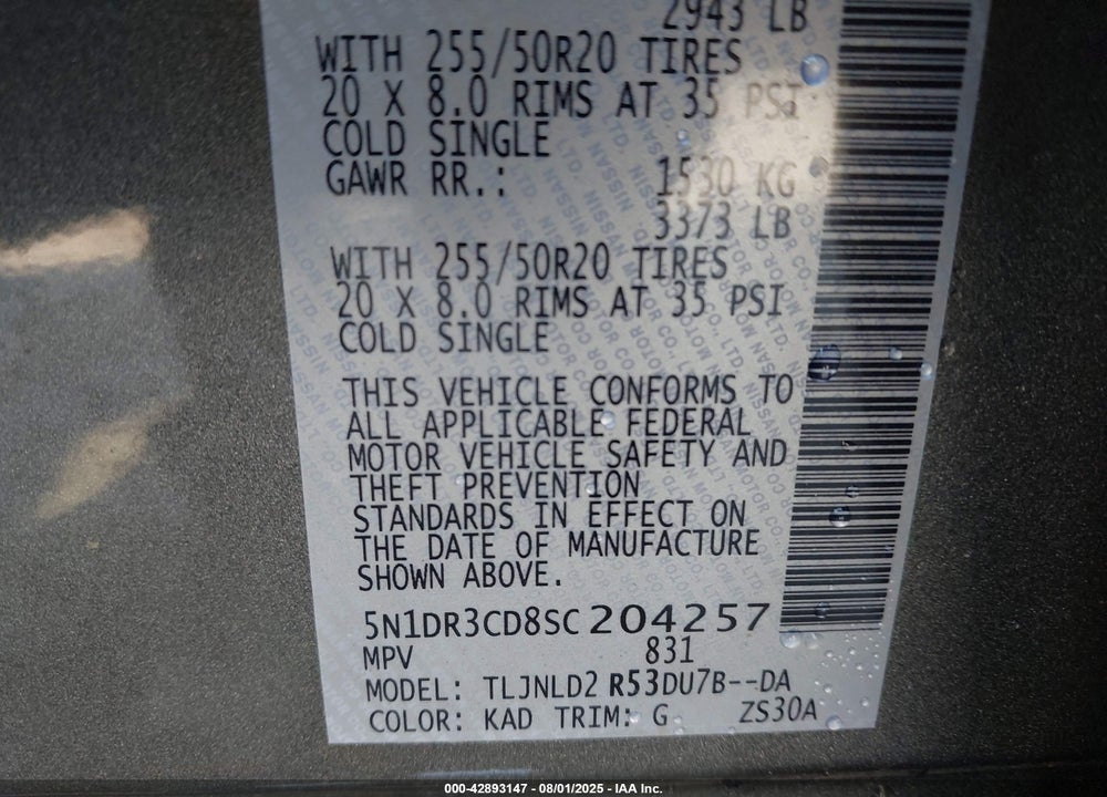 2025 NISSAN PATHFINDER VIN: 5N1DR3CD8SC204257