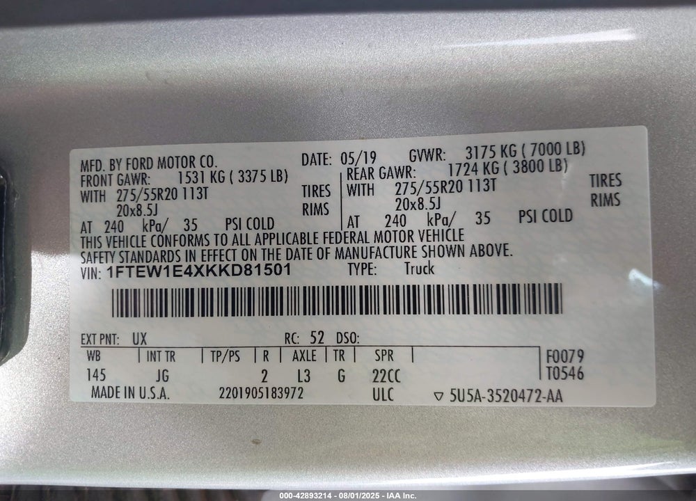 2019 FORD F-150 VIN: 1FTEW1E4XKKD81501
