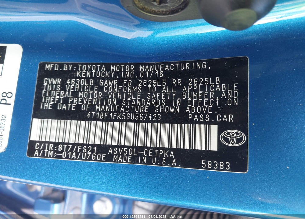 2016 TOYOTA CAMRY VIN: 4T1BF1FK5GU567423