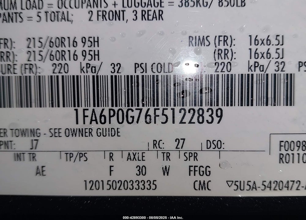 2015 FORD FUSION VIN: 1FA6P0G76F5122839