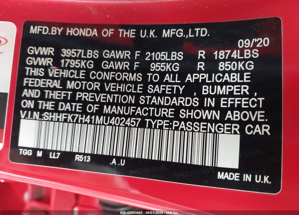 2021 HONDA CIVIC VIN: SHHFK7H41MU402457