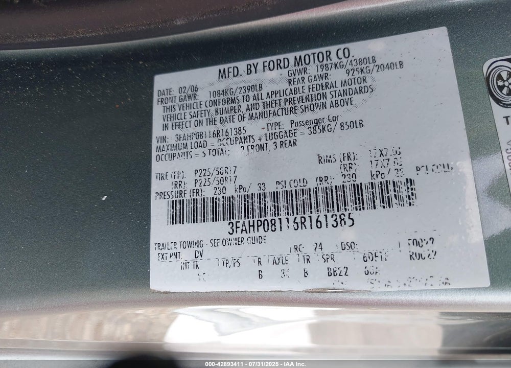 2006 FORD FUSION SEL VIN: 3FAHP08116R161385