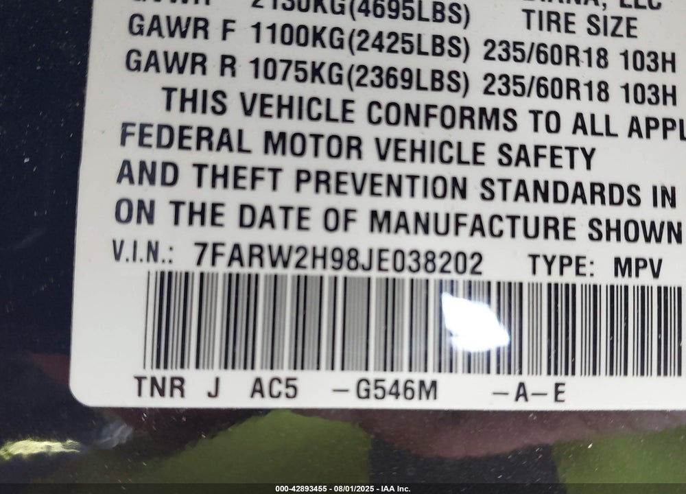 2018 HONDA CR-V VIN: 7FARW2H98JE038202