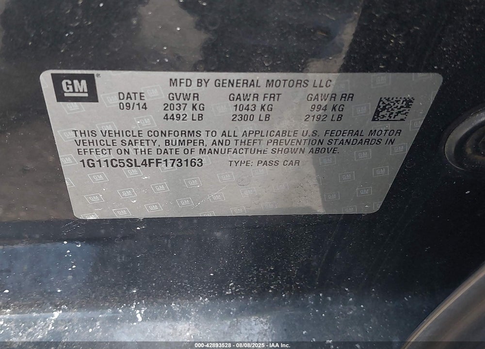 2015 CHEVROLET MALIBU VIN: 1G11C5SL4FF173163