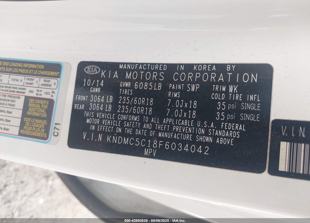 2015 KIA SEDONA SX VIN: KNDMC5C18F6034042
