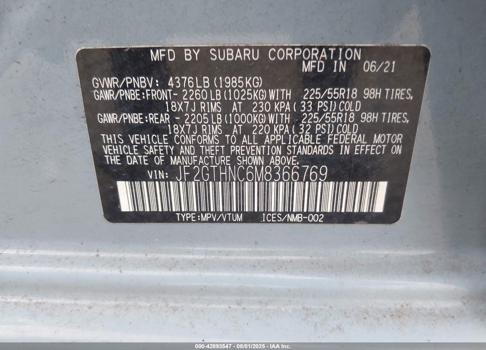 2021 SUBARU CROSSTREK VIN: JF2GTHNC6M8366769