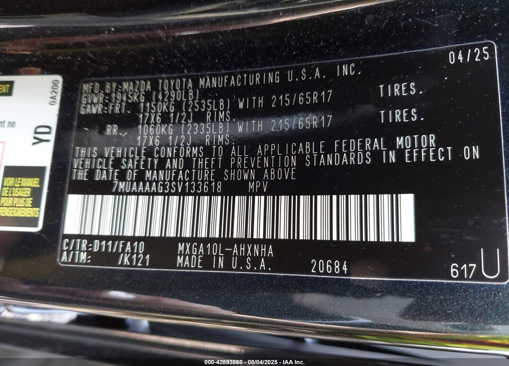 2025 TOYOTA COROLLA CROSS VIN: 7MUAAAAG3SV133618