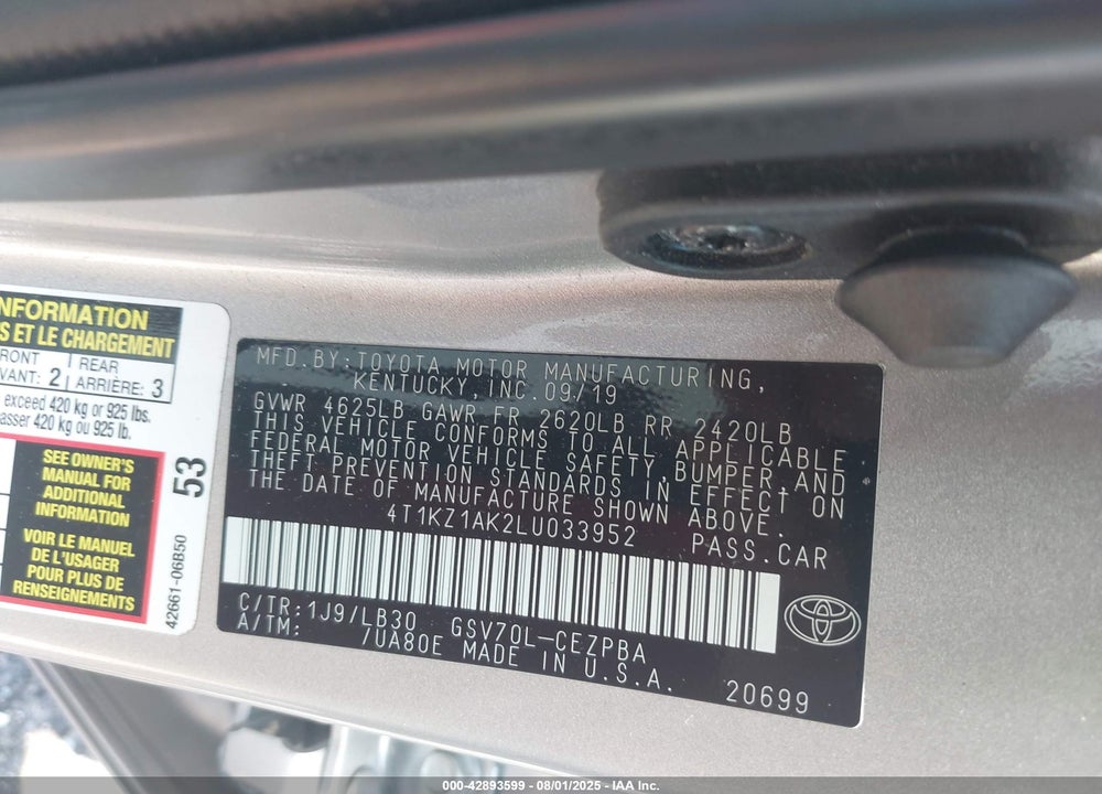 2020 TOYOTA CAMRY VIN: 4T1KZ1AK2LU033952