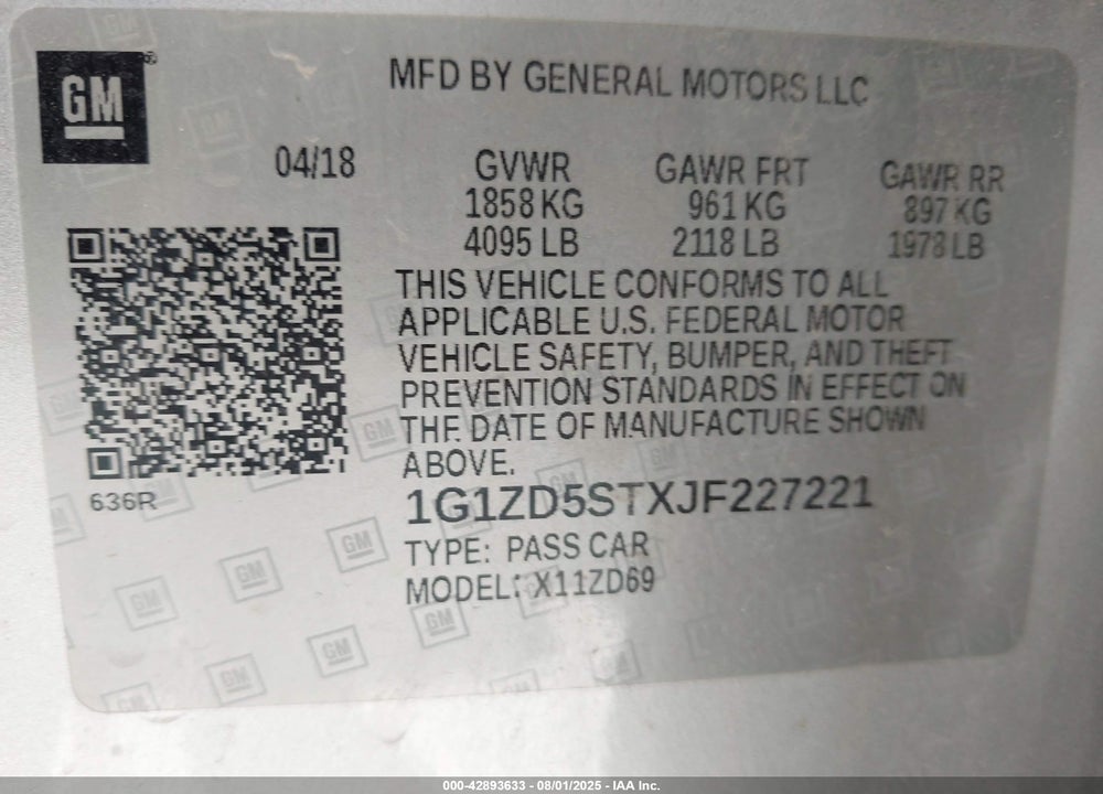 2018 CHEVROLET MALIBU VIN: 1G1ZD5STXJF227221