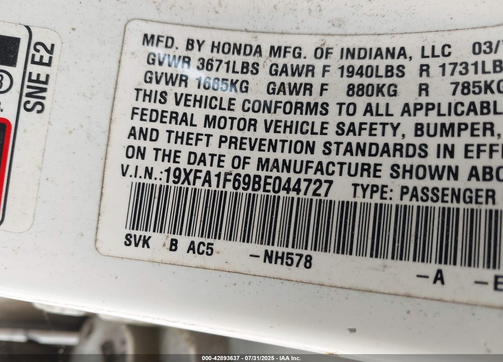 2011 HONDA CIVIC VIN: 19XFA1F69BE044727