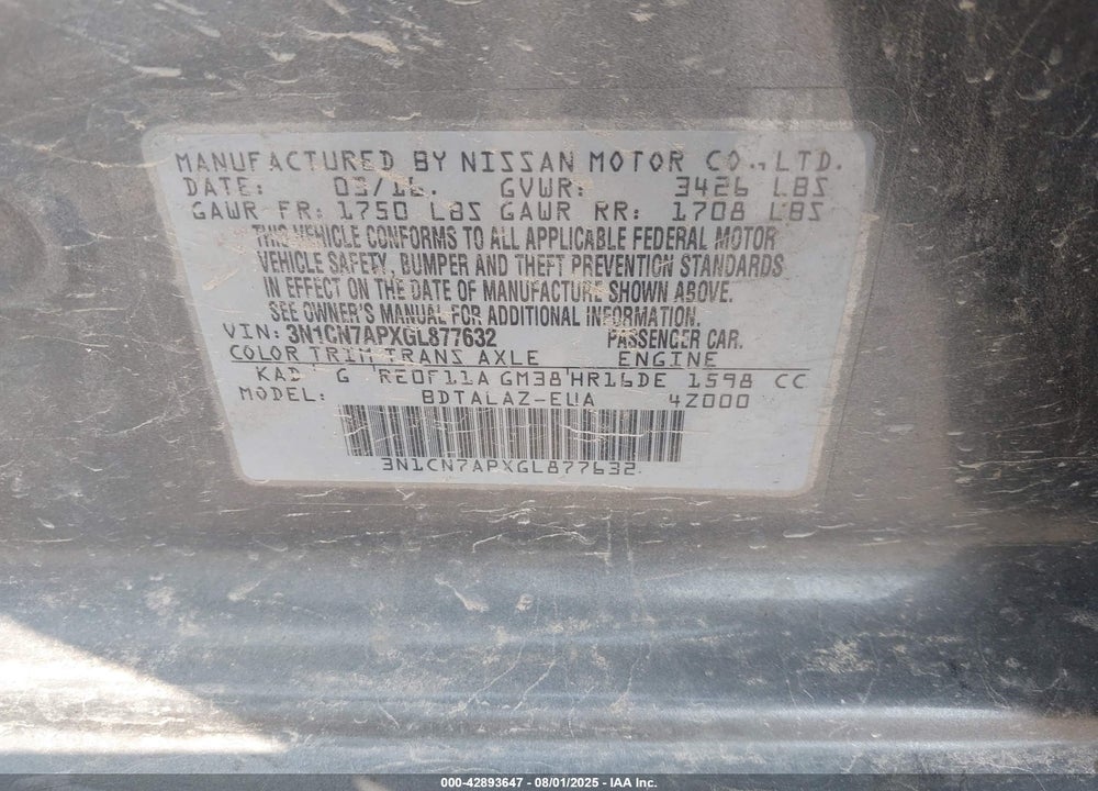 2016 NISSAN VERSA VIN: 3N1CN7APXGL877632