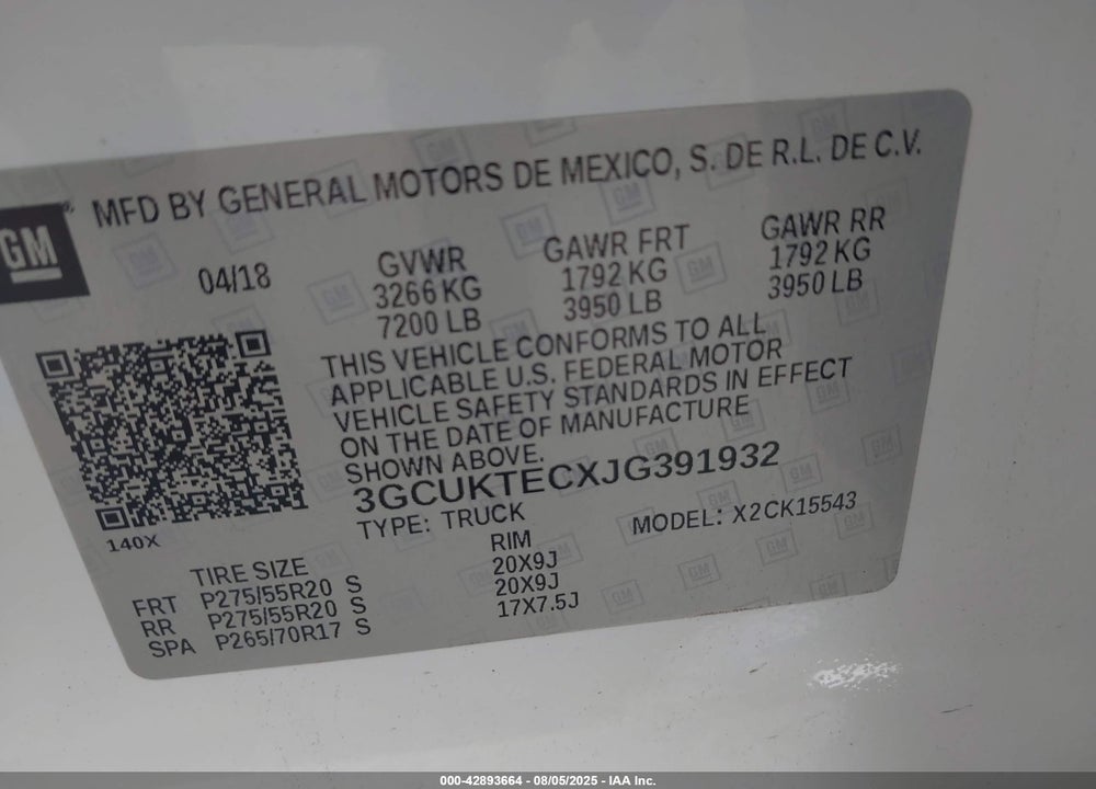 2018 CHEVROLET SILVERADO 1500 VIN: 3GCUKTECXJG391932