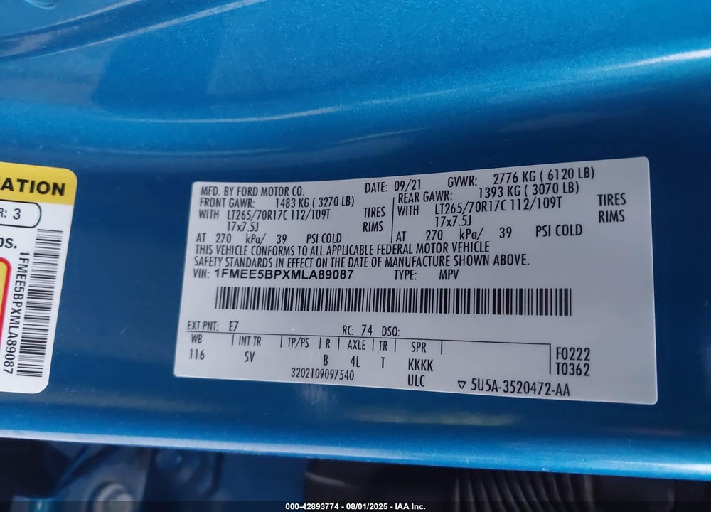 2021 FORD BRONCO VIN: 1FMEE5BPXMLA89087