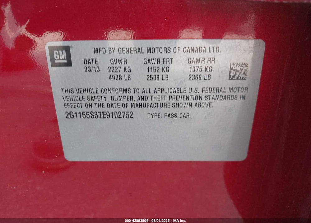 2014 CHEVROLET IMPALA VIN: 2G1155S37E9102752