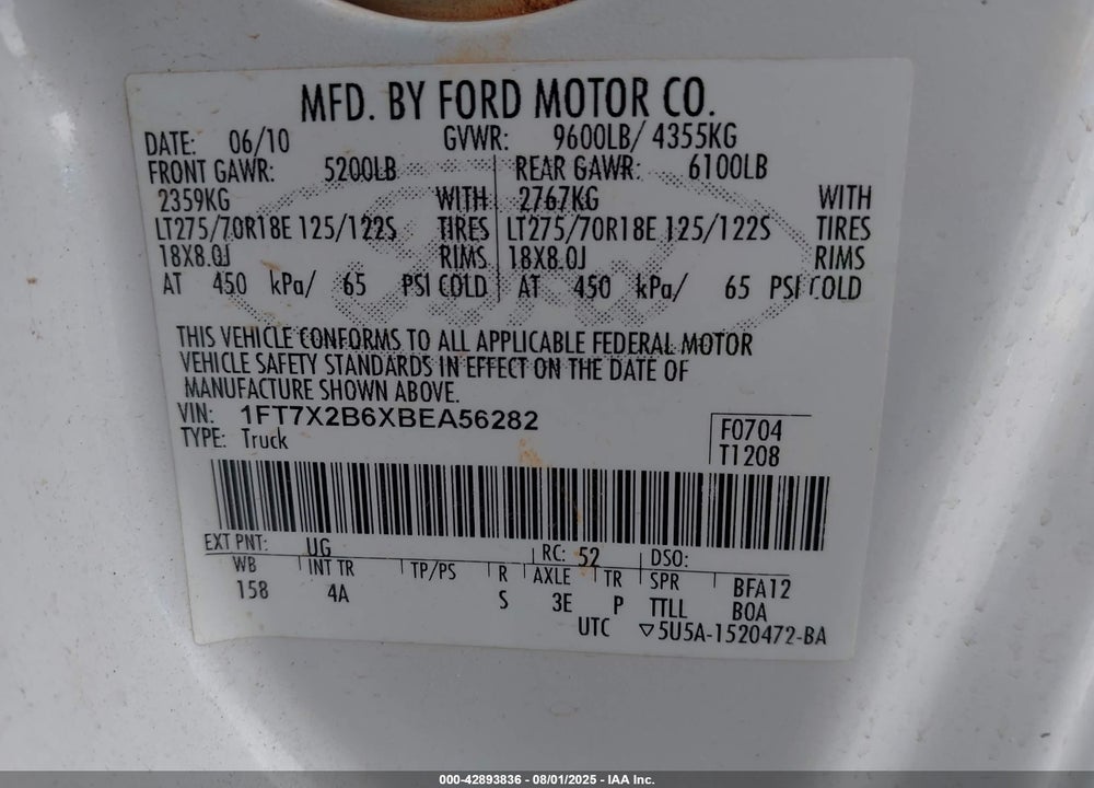 2011 FORD F-250 VIN: 1FT7X2B6XBEA56282