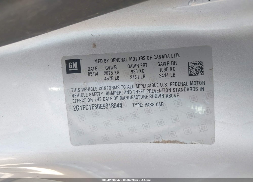 2014 CHEVROLET CAMARO VIN: 2G1FC1E36E9318544