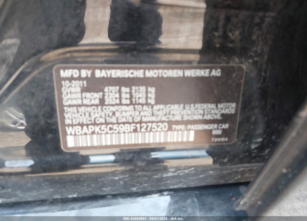 2011 BMW 3 SERIES VIN: WBAPK5C59BF127520