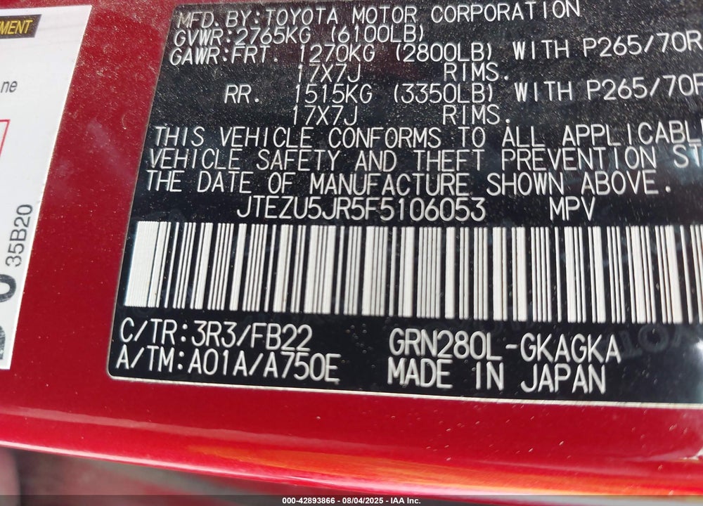 2015 TOYOTA 4RUNNER VIN: JTEZU5JR5F5106053