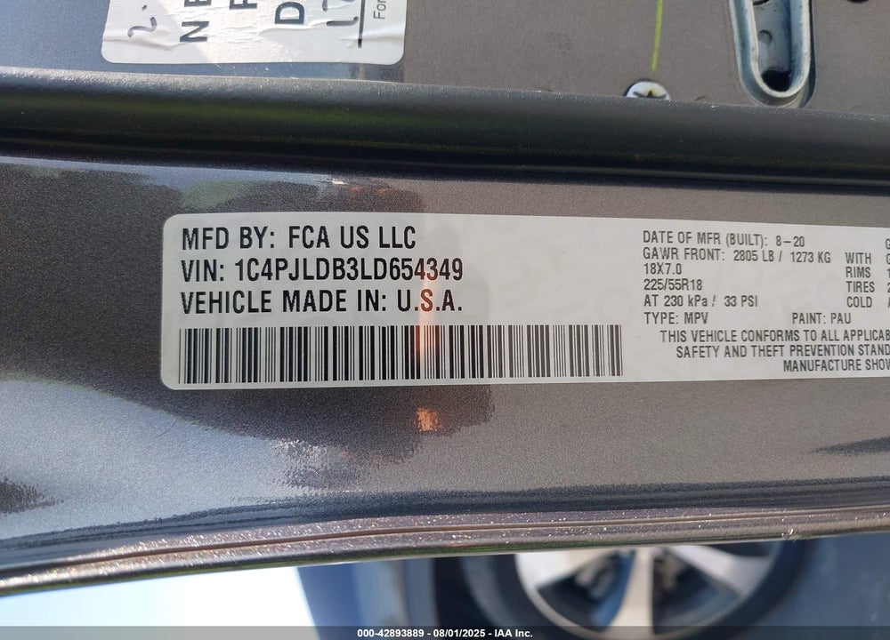 2020 JEEP CHEROKEE LIMITED FWD VIN: 1C4PJLDB3LD654349