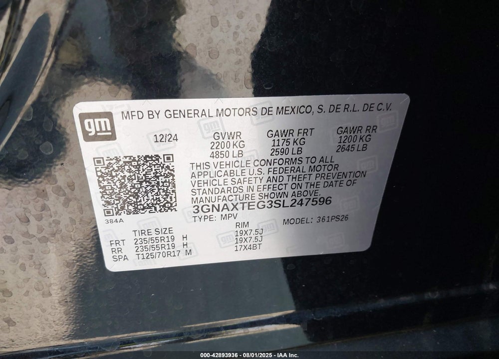 2025 CHEVROLET EQUINOX VIN: 3GNAXTEG3SL247596