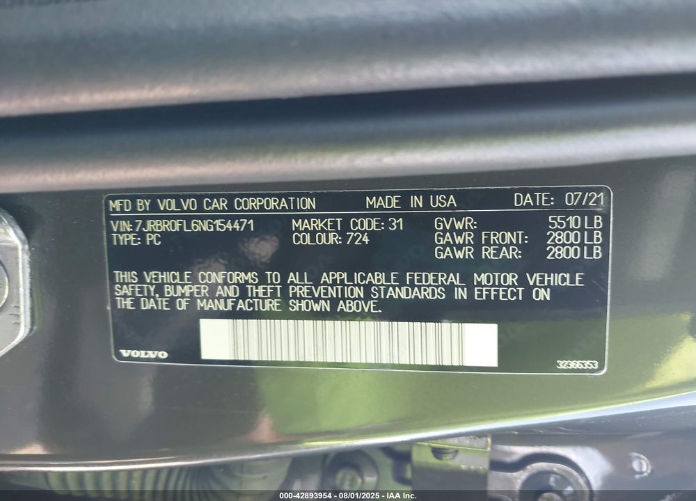 2022 VOLVO S60 VIN: 7JRBR0FL6NG154471